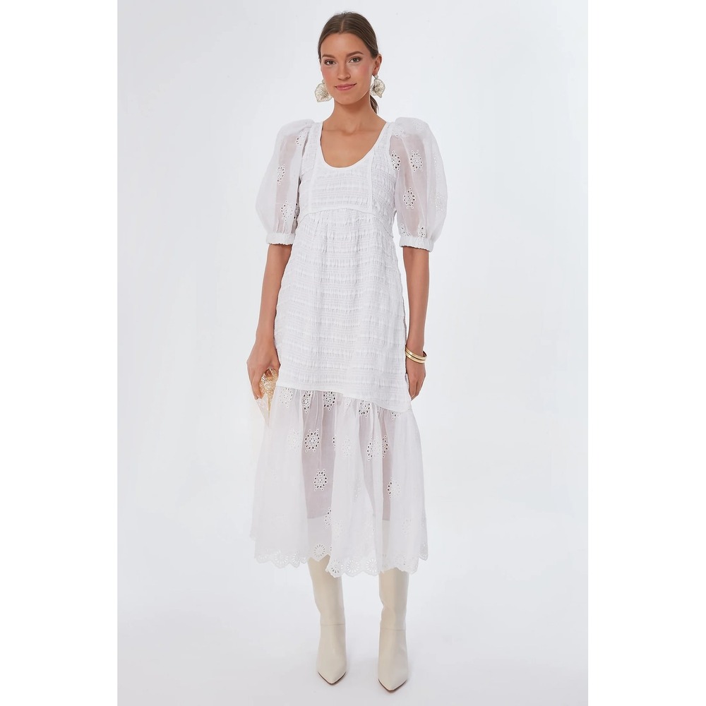 SEA NY White Eyelet Puff Sleeve Smocked Midi Dress